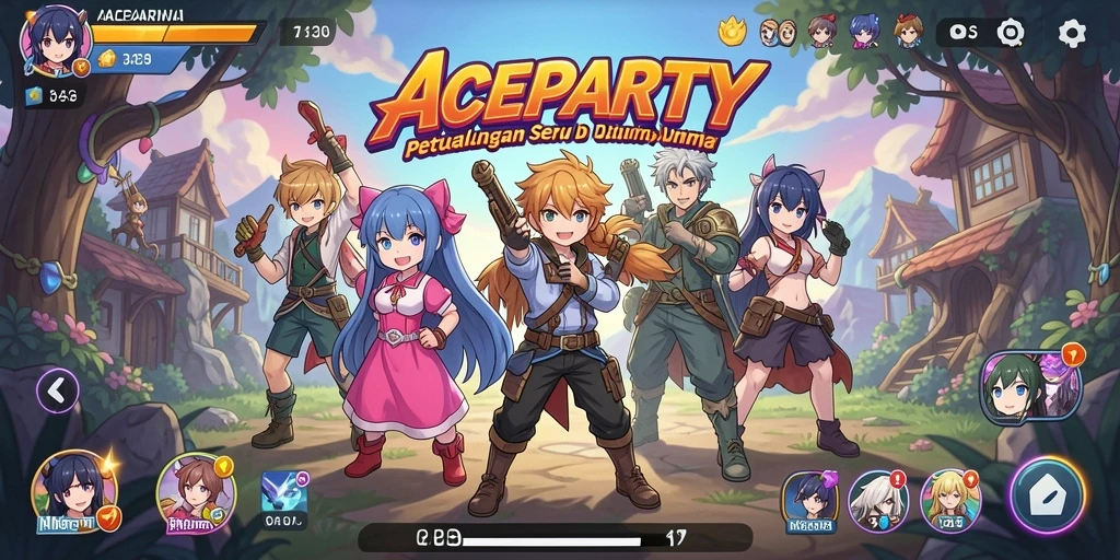 Screenshot utama ACEPARTY menampilkan karakter anime dalam aksi penuh warna.