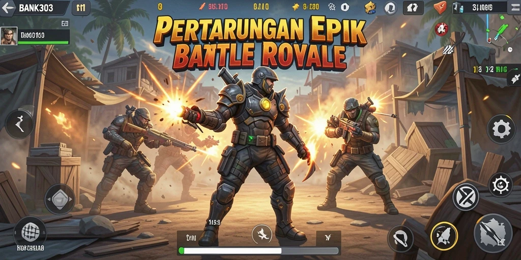 Gameplay aksi epik dalam BANK303 di medan perang.