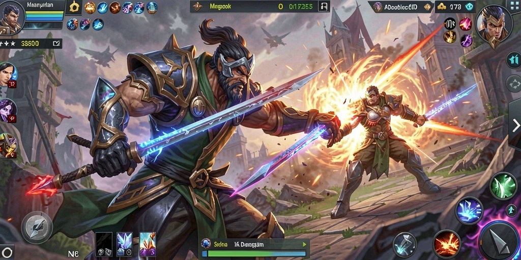 Screenshot gameplay FO8 menampilkan pertempuran seru di arena MOBA.