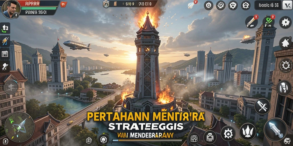 Gambaran utama gameplay RPRR dengan menara yang bertempur melawan gelombang musuh.
