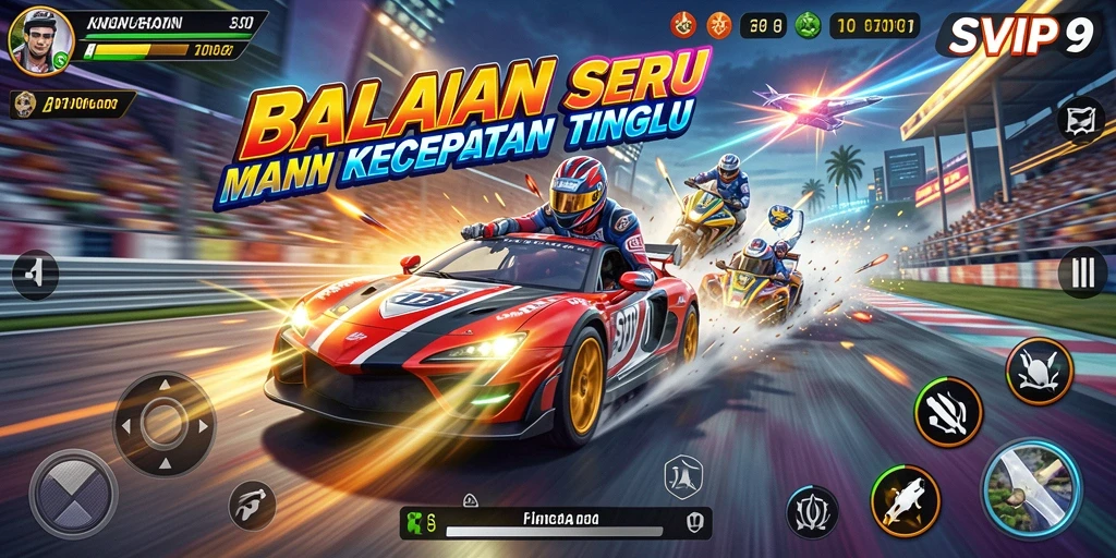 Tampilan gameplay SVIP9 yang penuh aksi di lintasan balap.
