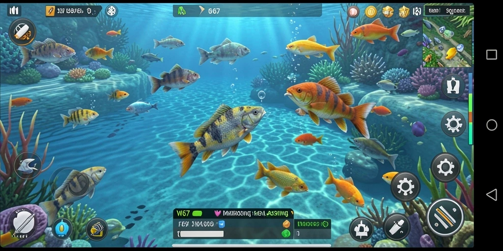 Tampilan gameplay W67 yang menakjubkan saat memancing di danau.